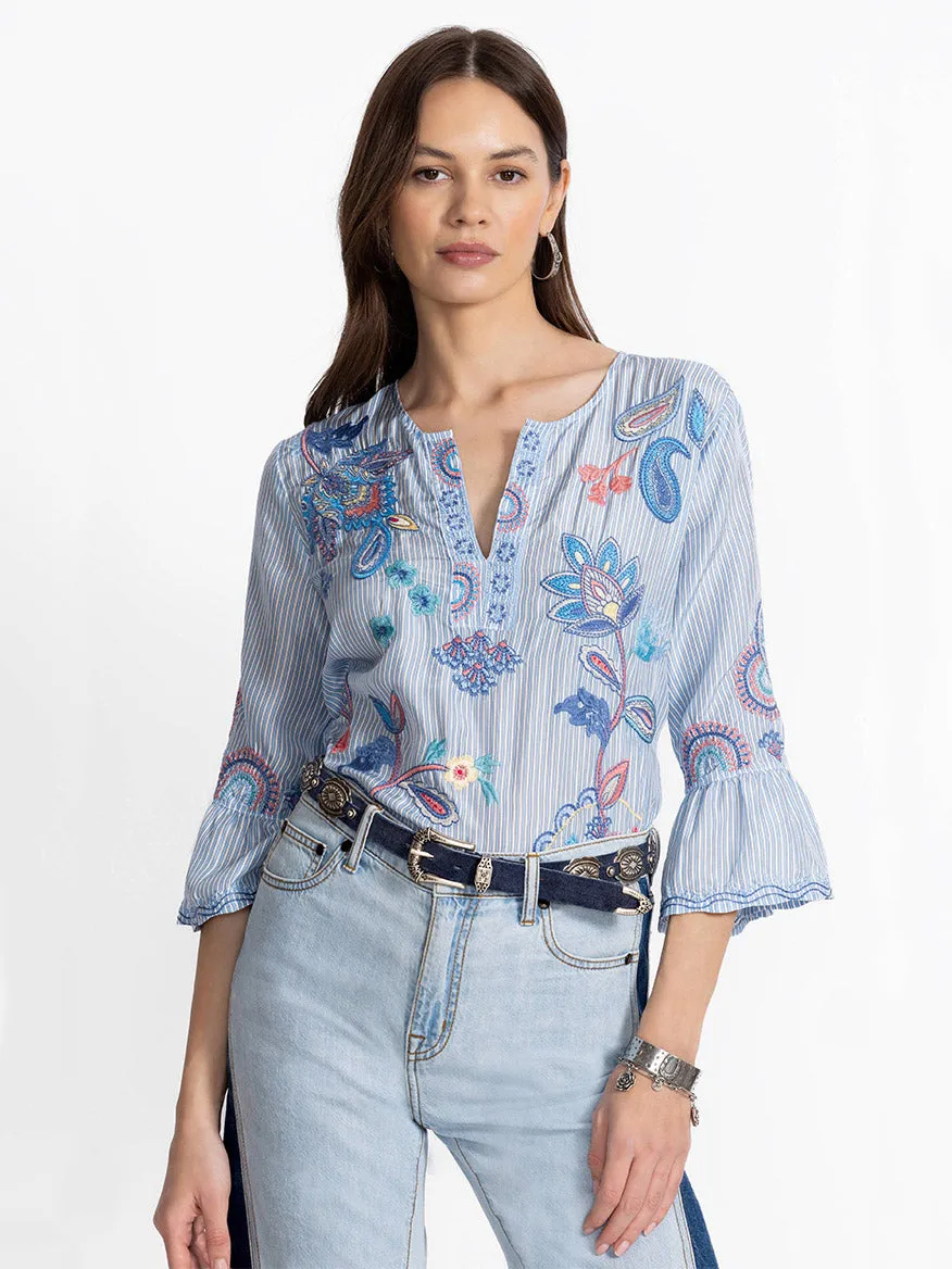 Johnny Was Ruffle Sleeve Blouse in Barine Stripe Bar