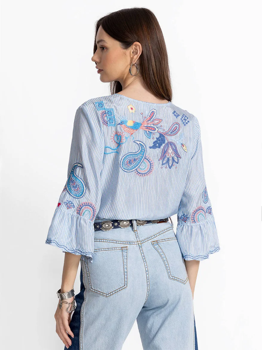 Johnny Was Ruffle Sleeve Blouse in Barine Stripe Bar