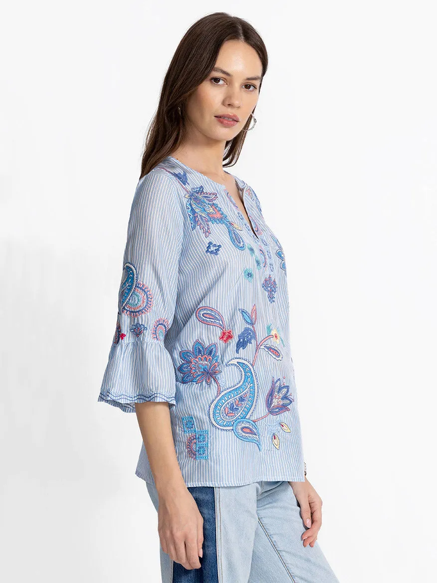 Johnny Was Ruffle Sleeve Blouse in Barine Stripe Bar