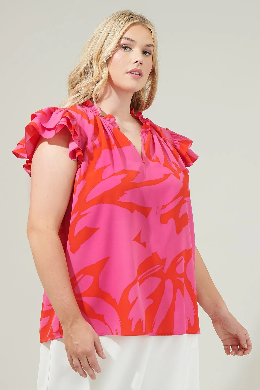 Jolene Abstract Bellissima Ruffle Sleeve Top Curve