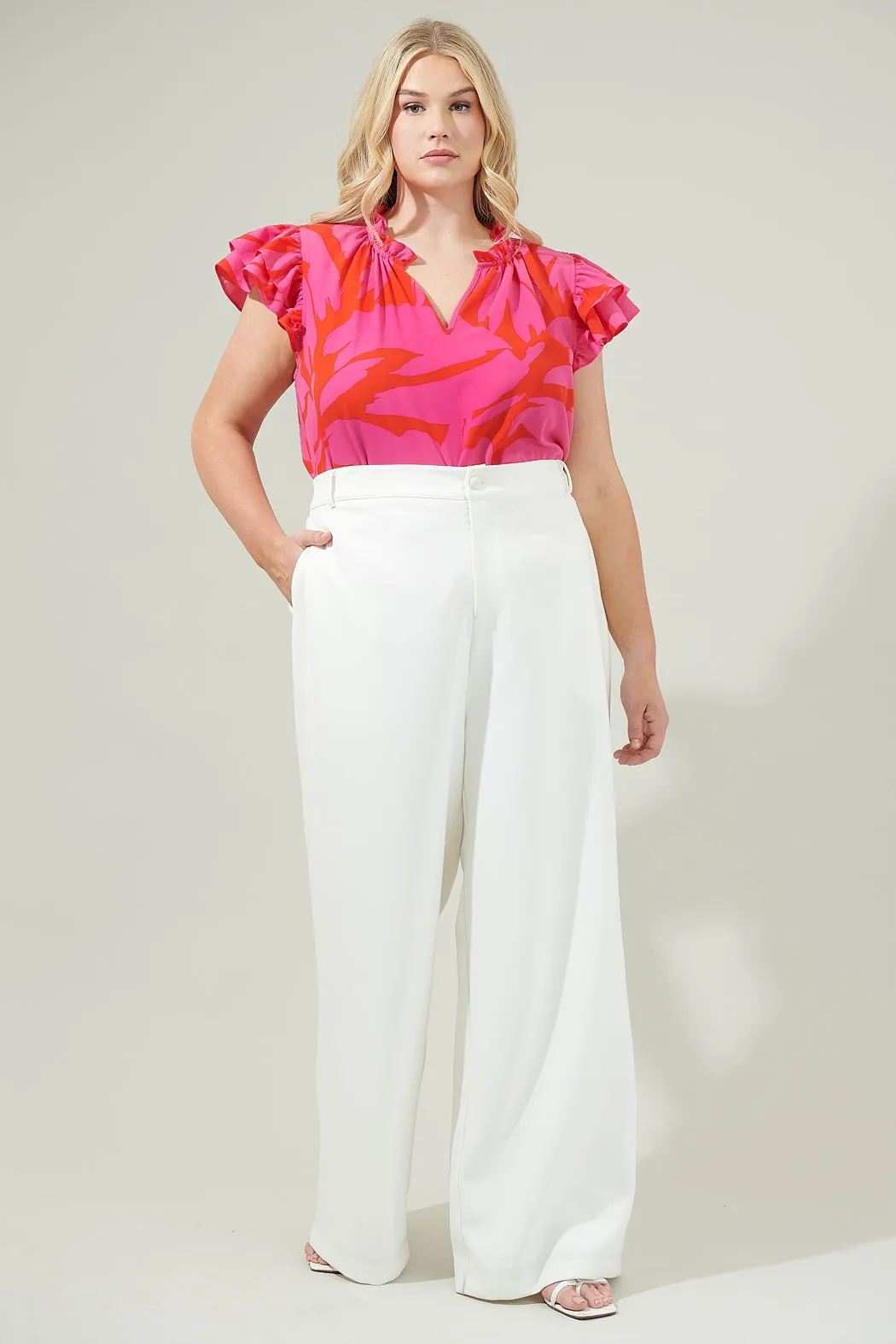 Jolene Abstract Bellissima Ruffle Sleeve Top Curve
