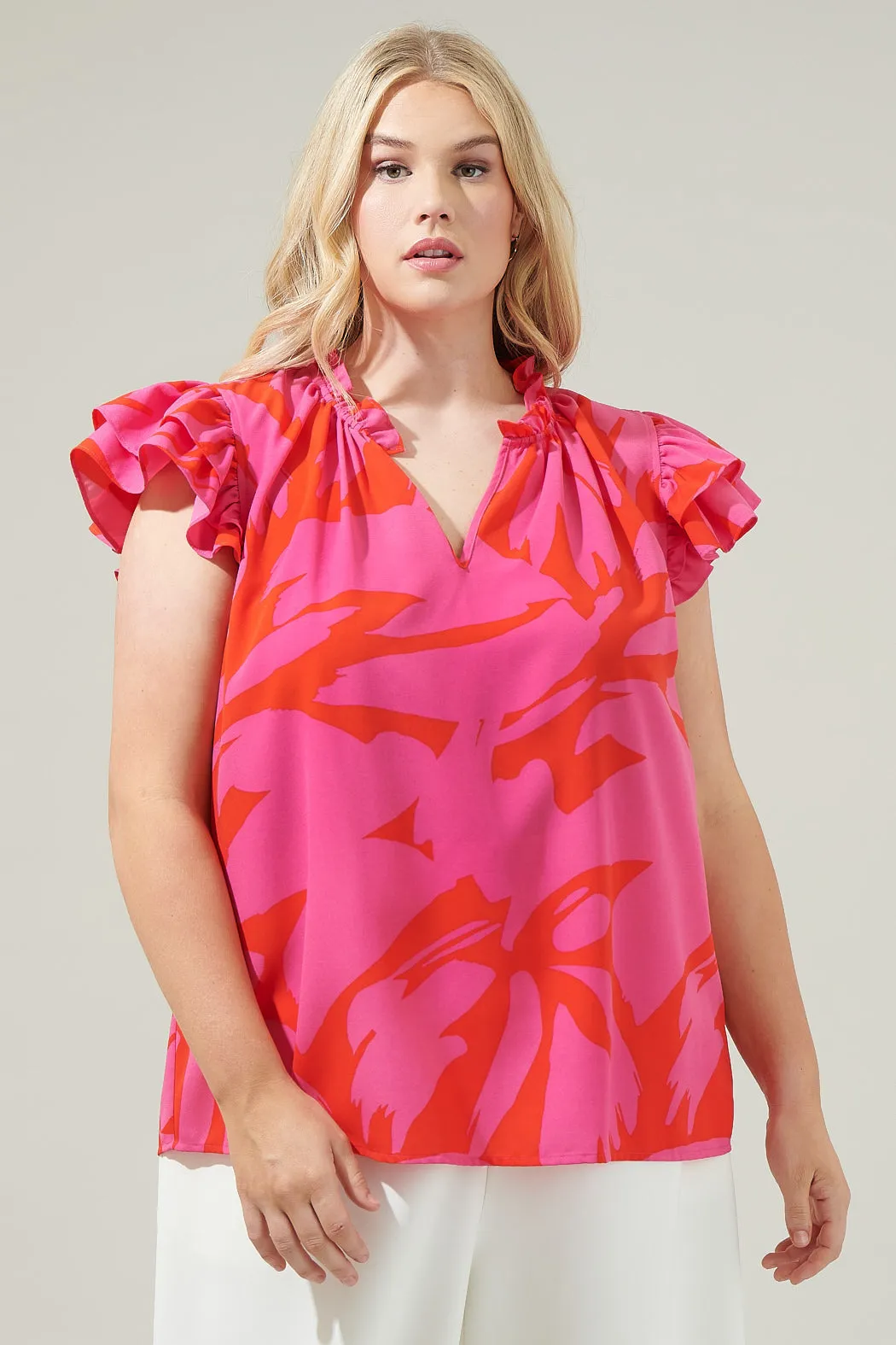 Jolene Abstract Bellissima Ruffle Sleeve Top Curve