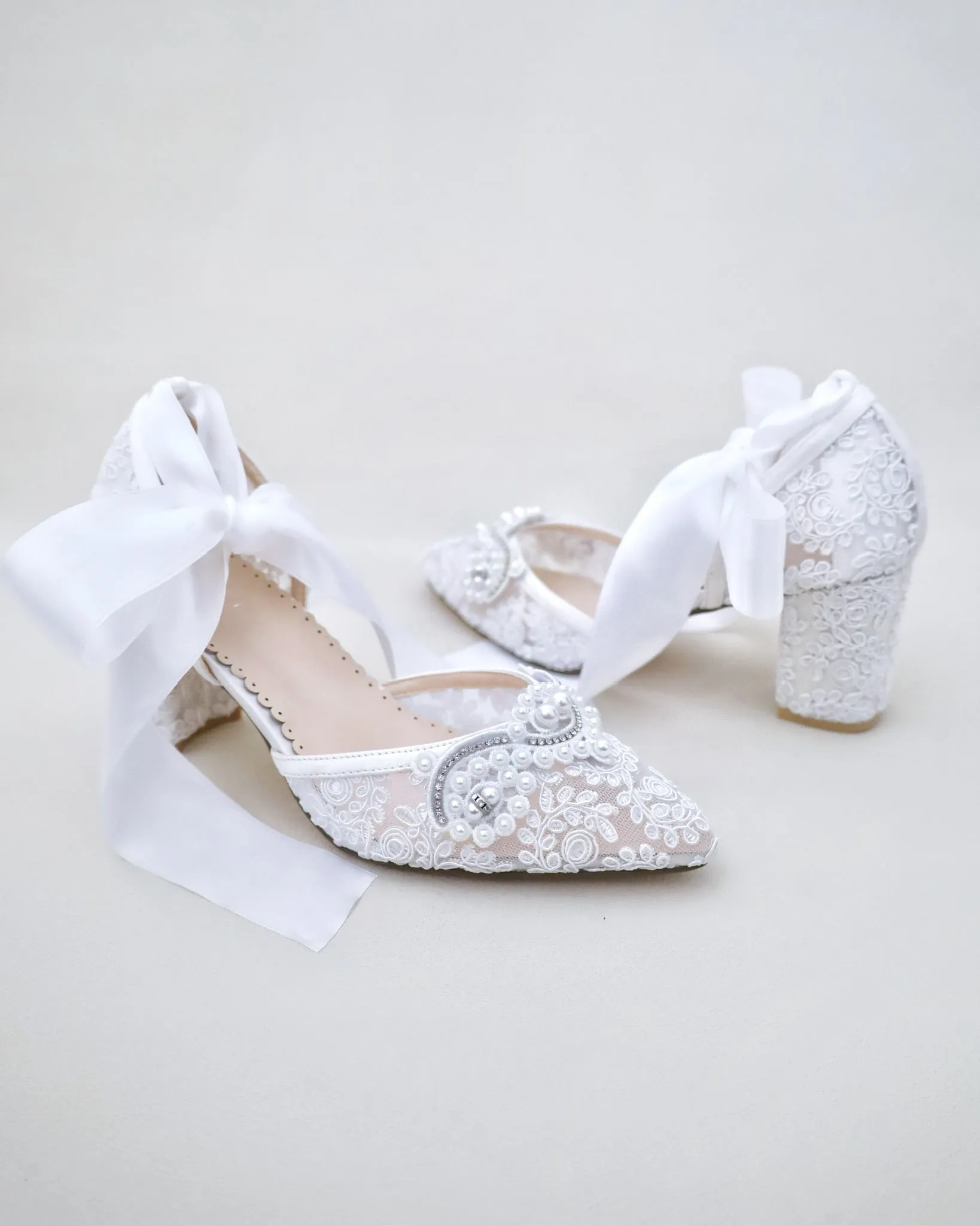 Lace Wedding Block Heel with Pearl Detail