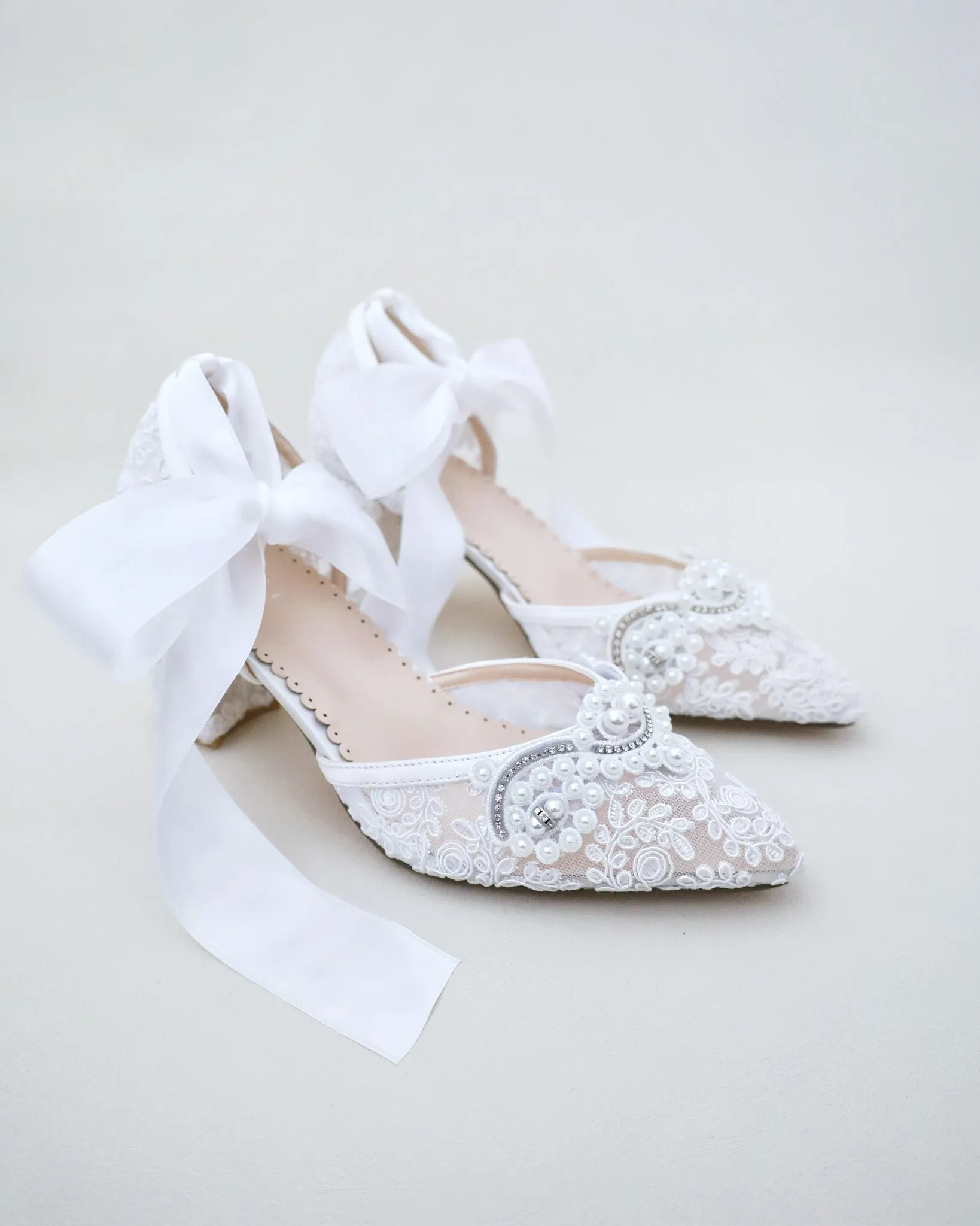 Lace Wedding Block Heel with Pearl Detail