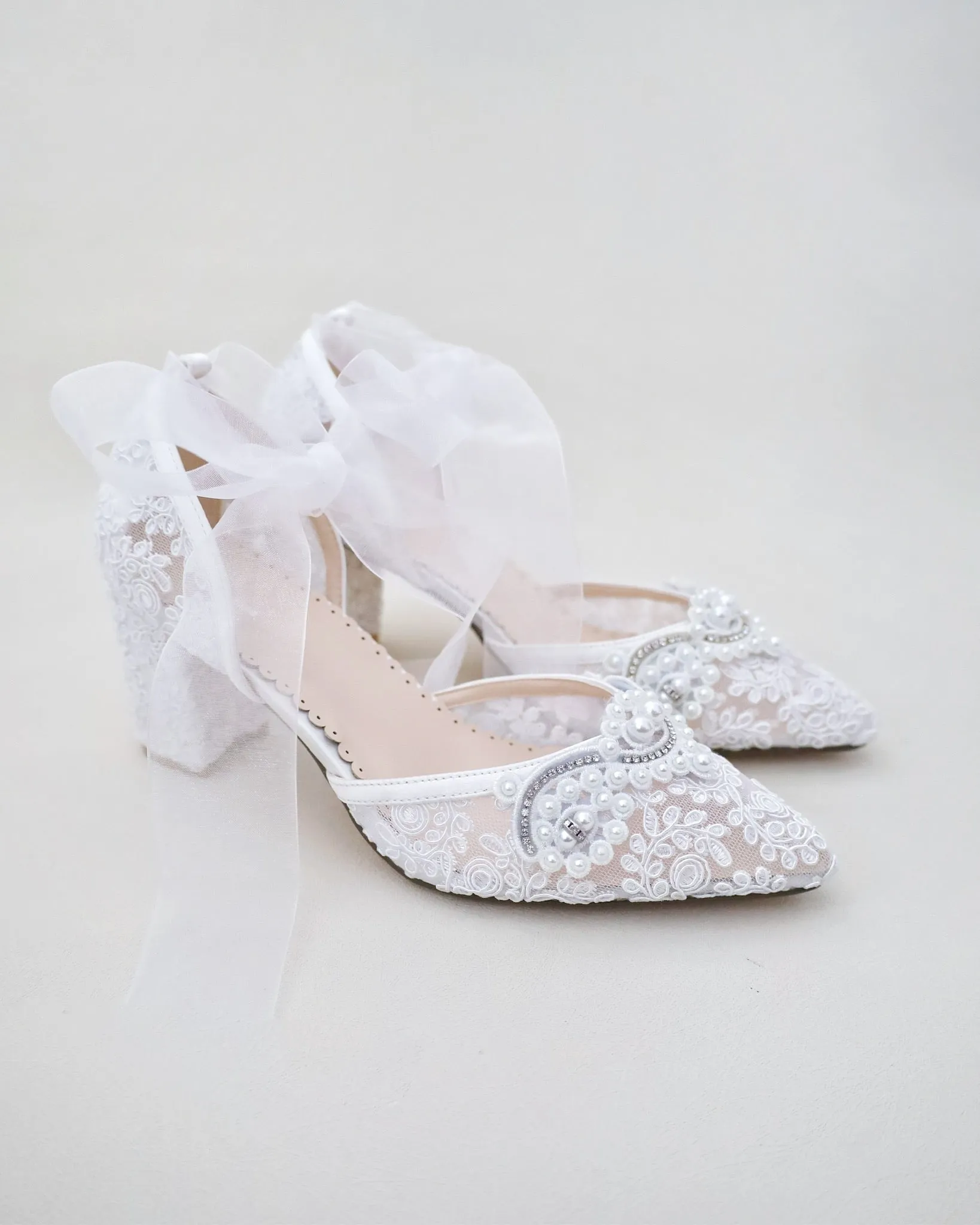 Lace Wedding Block Heel with Pearl Detail