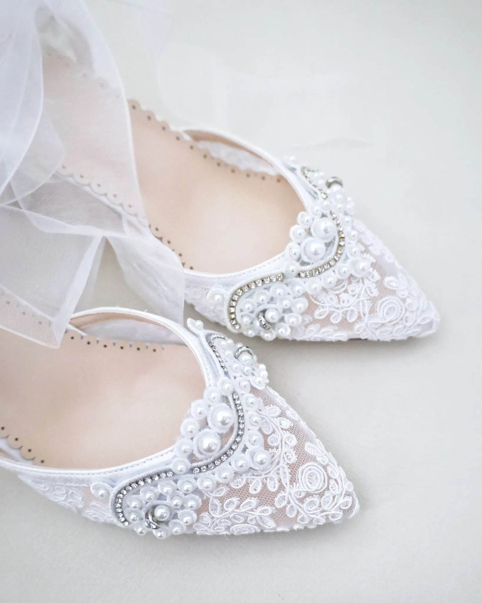 Lace Wedding Block Heel with Pearl Detail
