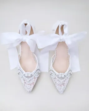 Lace Wedding Block Heel with Pearl Detail