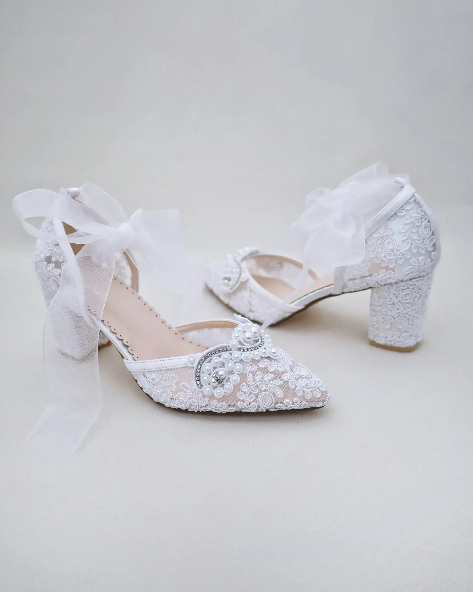 Lace Wedding Block Heel with Pearl Detail
