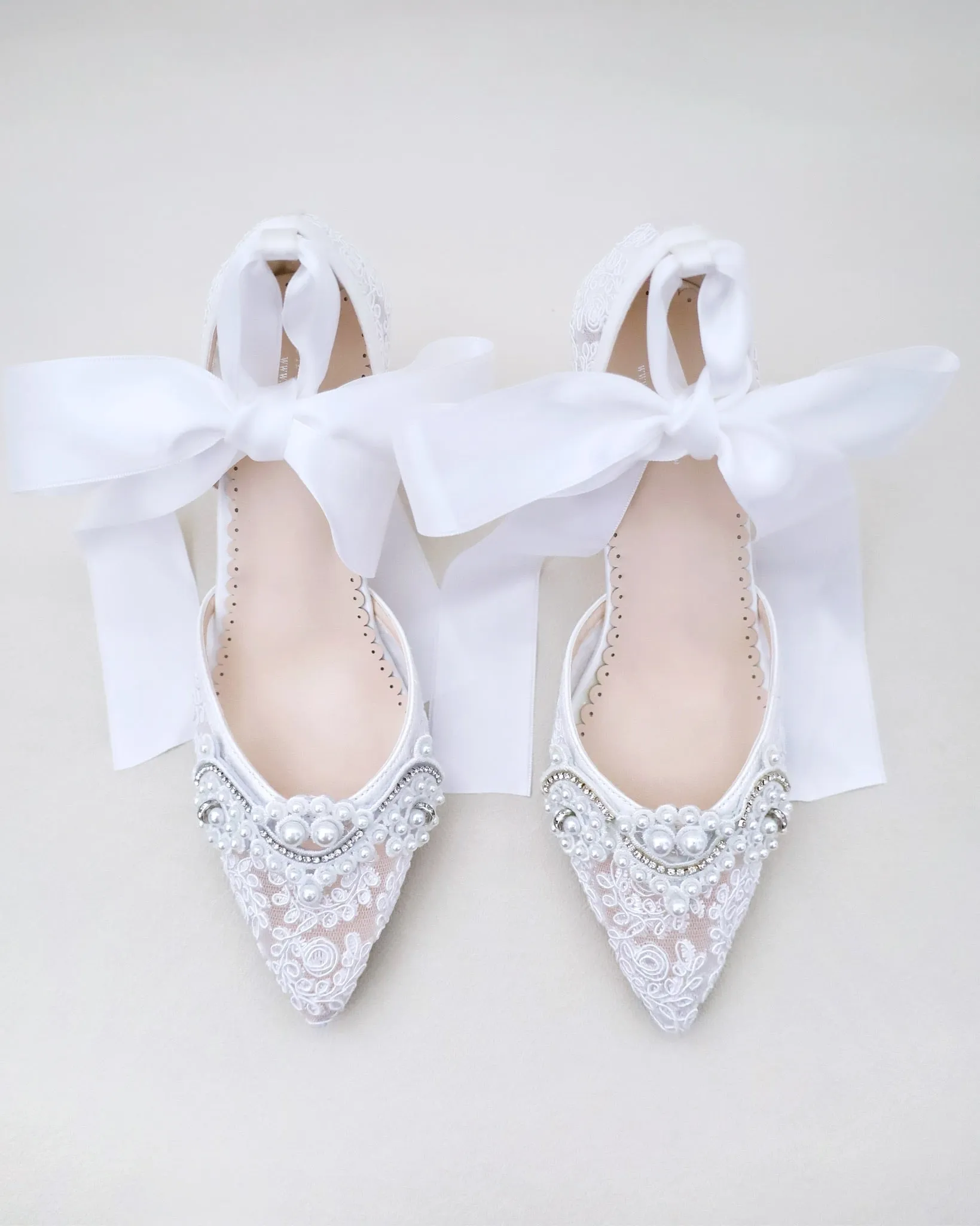 Lace Wedding Block Heel with Pearl Detail