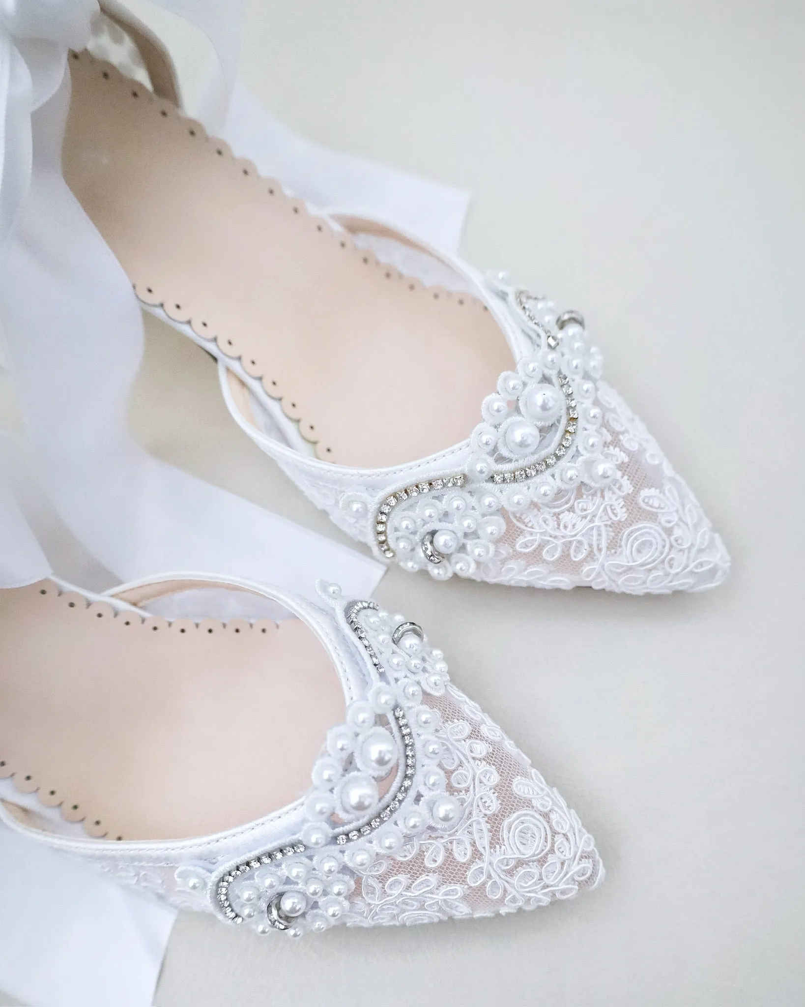 Lace Wedding Block Heel with Pearl Detail