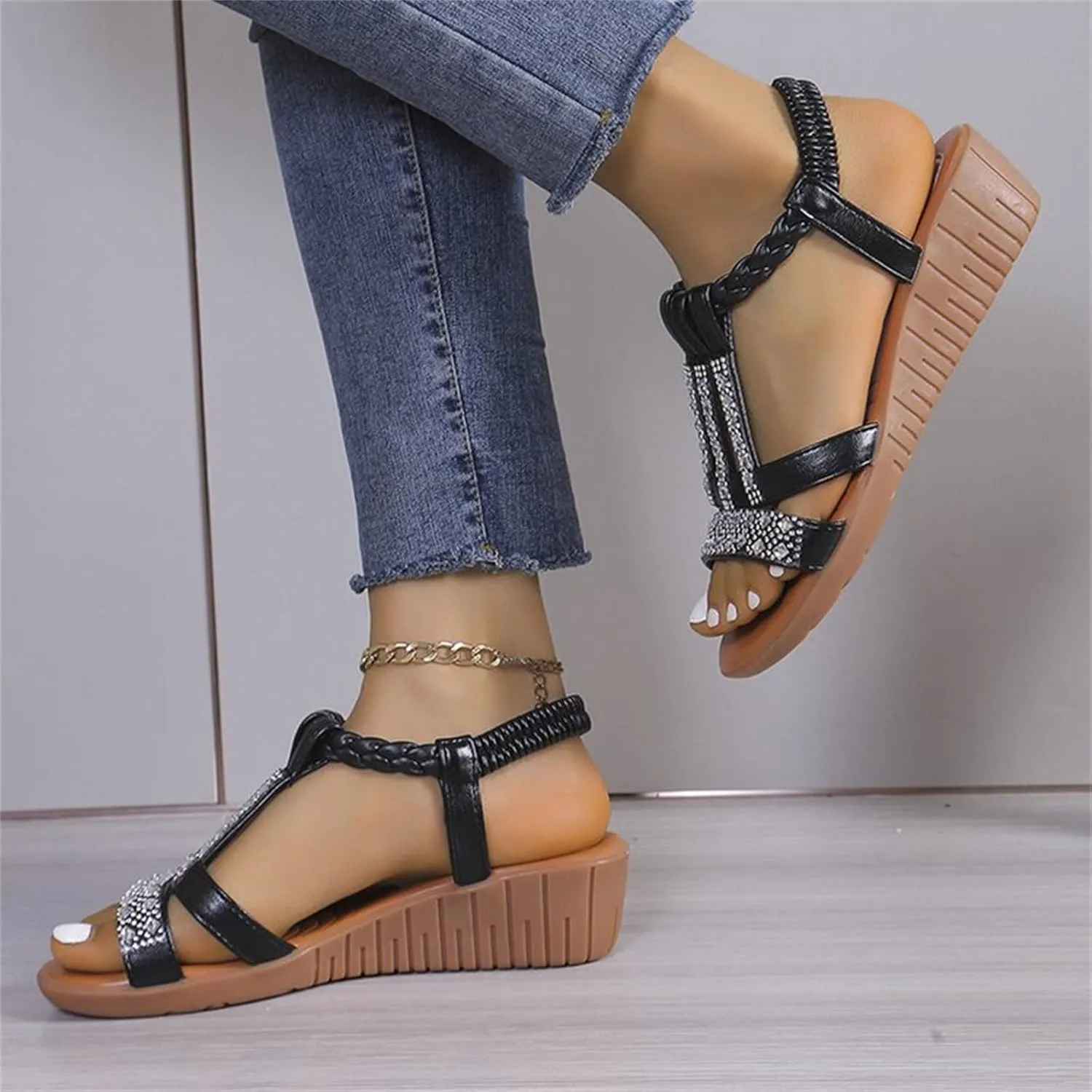 Low Wedge Sandals for Women Bohemia Beach Shoes Elastic Ankle Strap with Arch Support Slip On Open Toe Rhinestone Comfortable Shoe Comfortable Sandal T-Strap Beaded Dressy Flat
