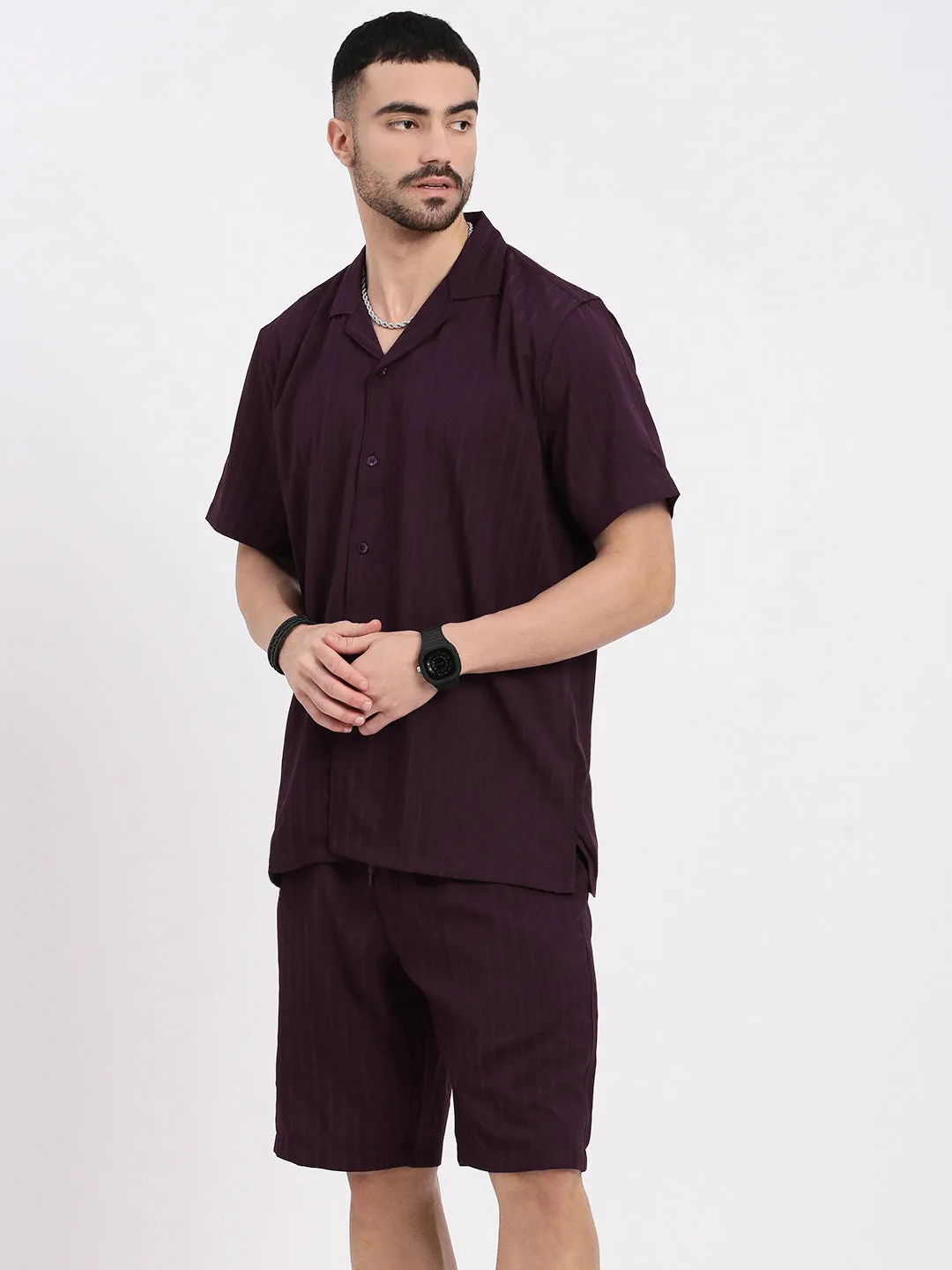 Men Purple Solid Co Ords Set