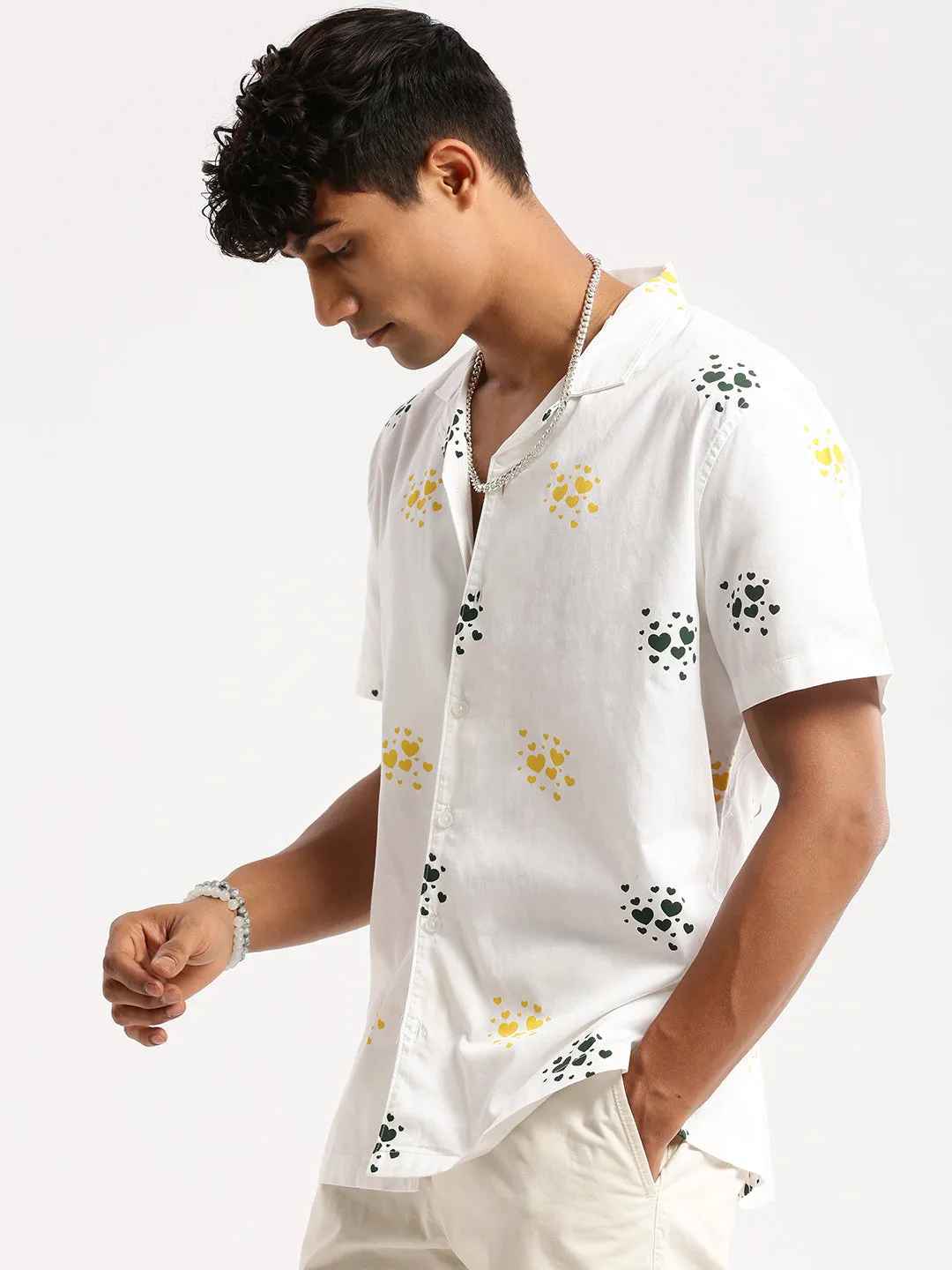 Men White Cuban Collar Graphic Shirt