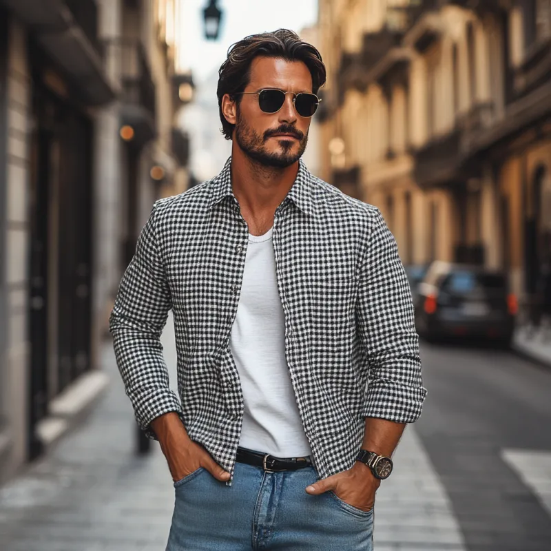Men's Casual Houndstooth Lapel Patch Pocket Loose Long Sleeve Shirt 53677035M