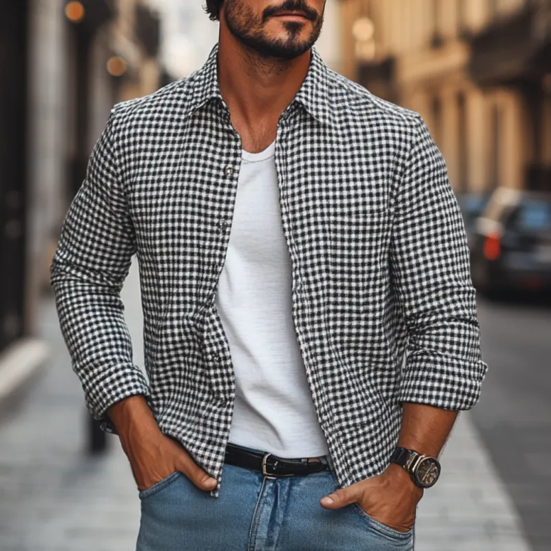 Men's Casual Houndstooth Lapel Patch Pocket Loose Long Sleeve Shirt 53677035M