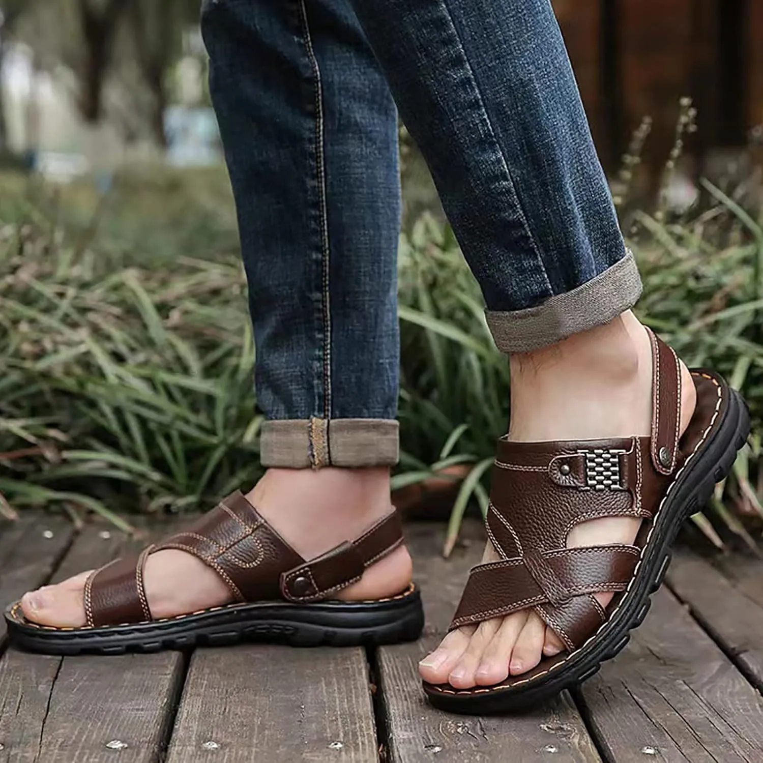 Men's Soft Sole Leather Sandals Breathable Outdoor Fisherman Shoes Open Toe Comfortable Casual Outdoor Sandals