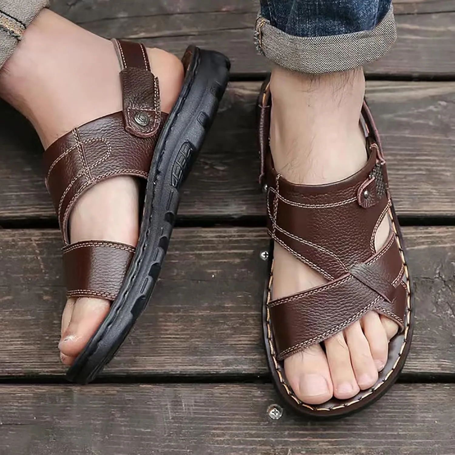 Men's Soft Sole Leather Sandals Breathable Outdoor Fisherman Shoes Open Toe Comfortable Casual Outdoor Sandals