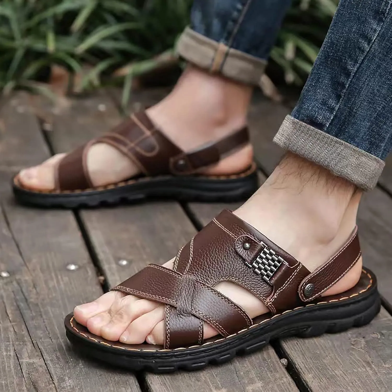 Men's Soft Sole Leather Sandals Breathable Outdoor Fisherman Shoes Open Toe Comfortable Casual Outdoor Sandals