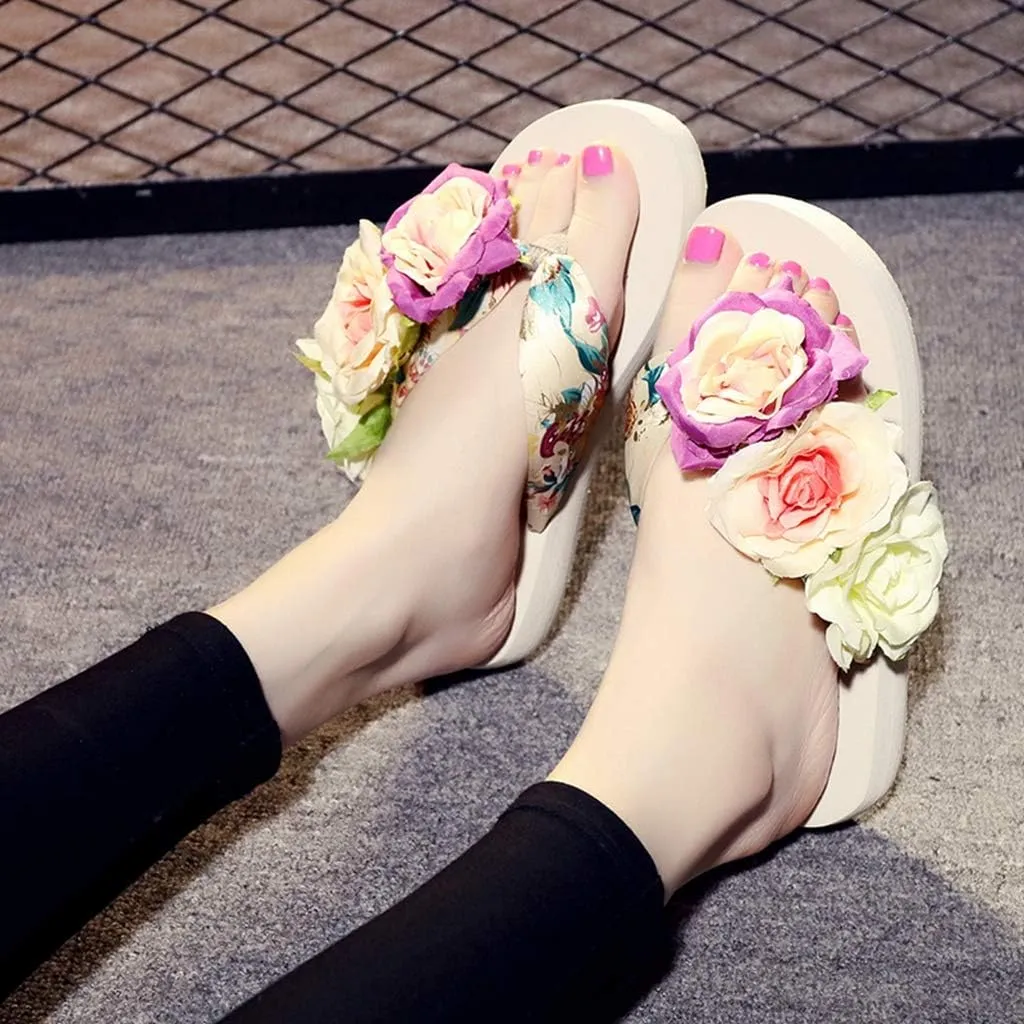 MIOKE Women's Bohemia Flowers Flat Platform Flipflops Summer Fashion Comfort Nonslip Beach Thong Sandals