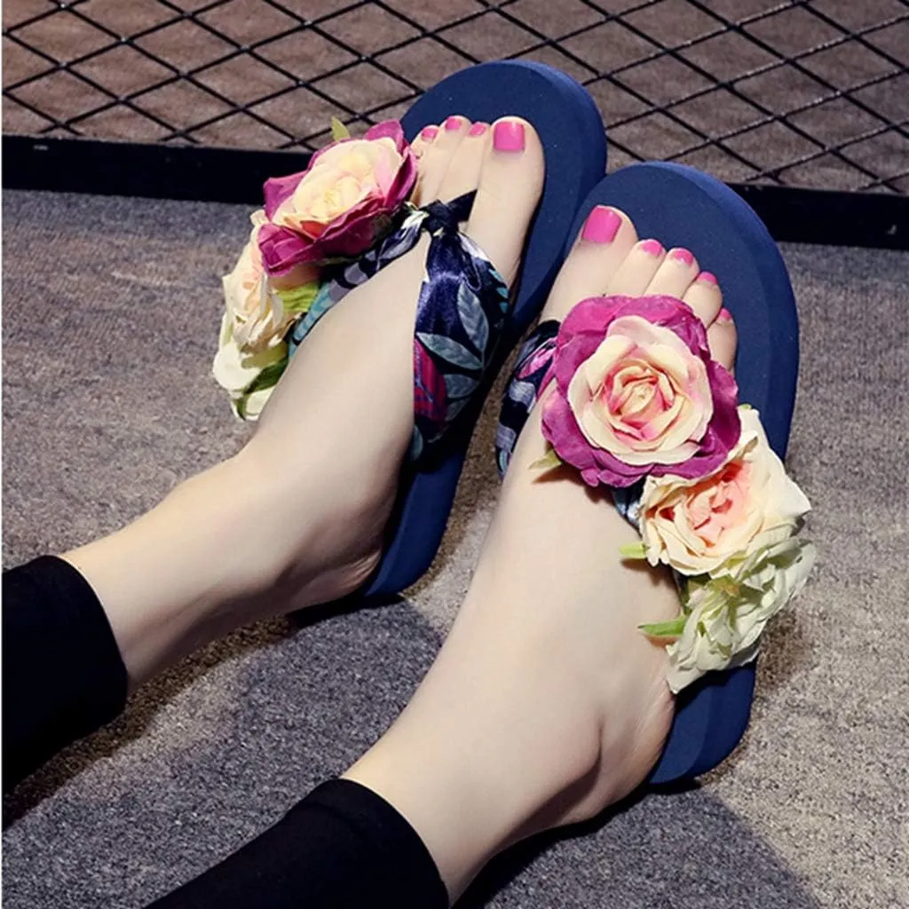 MIOKE Women's Bohemia Flowers Flat Platform Flipflops Summer Fashion Comfort Nonslip Beach Thong Sandals