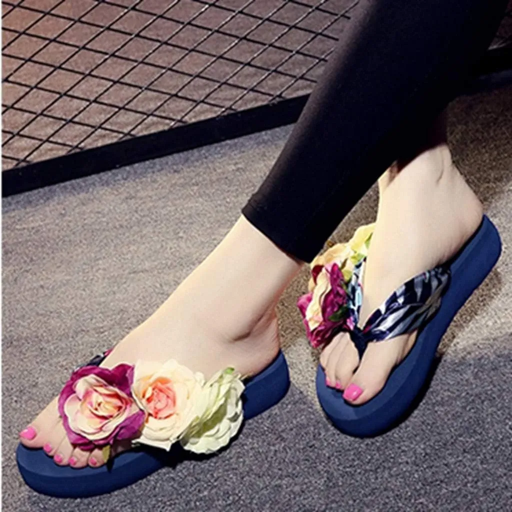MIOKE Women's Bohemia Flowers Flat Platform Flipflops Summer Fashion Comfort Nonslip Beach Thong Sandals