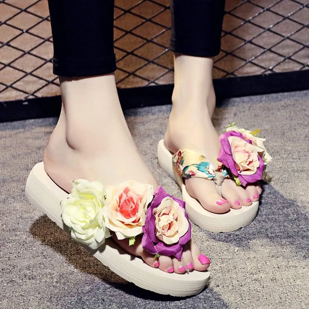 MIOKE Women's Bohemia Flowers Flat Platform Flipflops Summer Fashion Comfort Nonslip Beach Thong Sandals