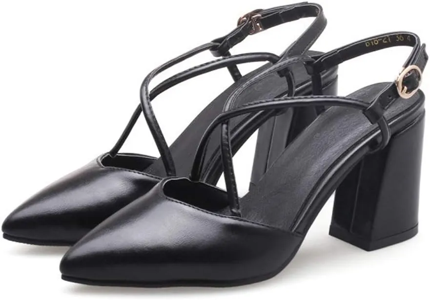 MIOKE Women's Pointed Toe Slingback Pumps Criss Cross Chunky Block High Heel Comfort Dress Mary Jane Shoes