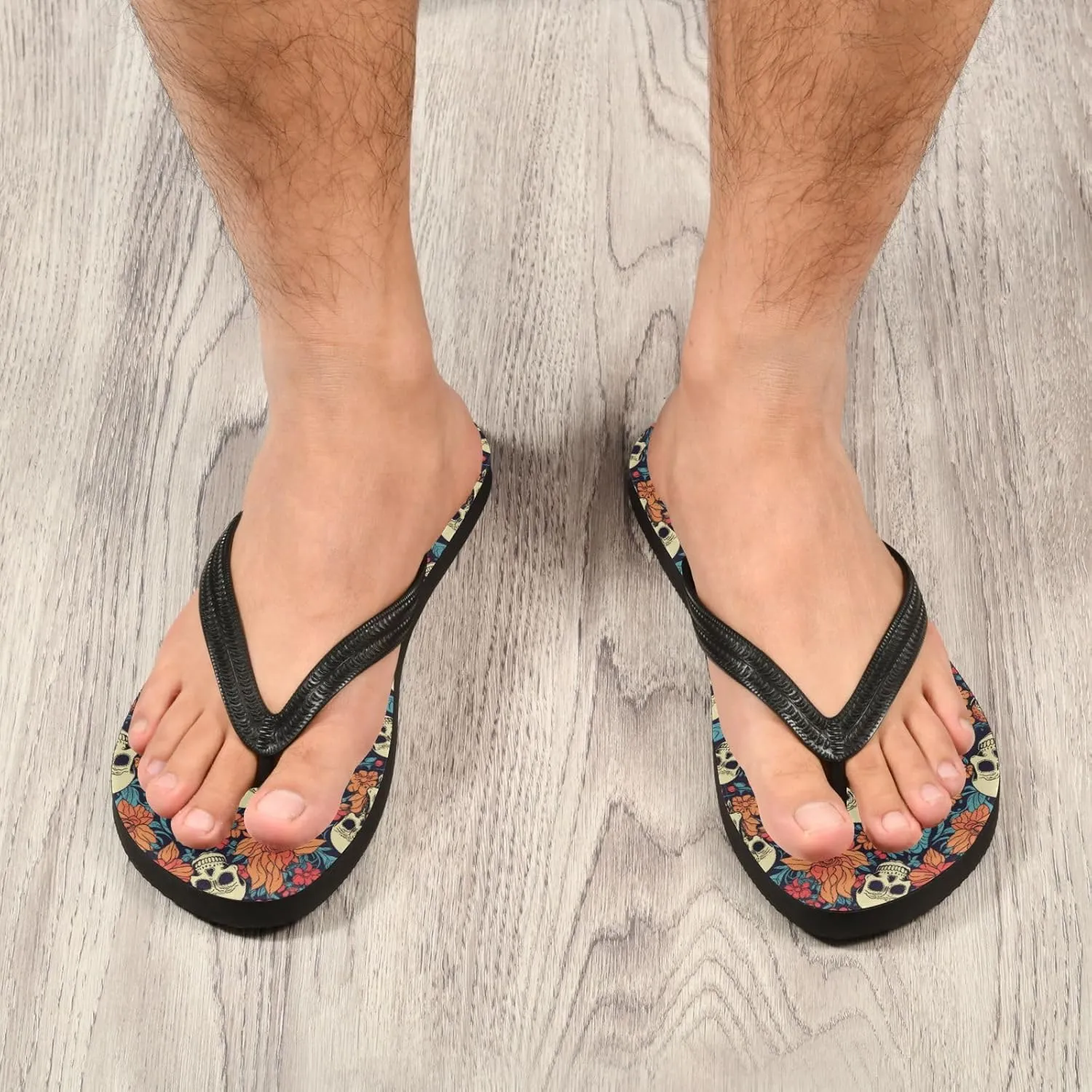 MNSRUU Flip Flops for Women Men Gothic Skull and Flower Flip Flops Womens Slides Men Sandals Shower Slippers Summer Non-Slip Flipflops for Swim Beach Bathroom, XS
