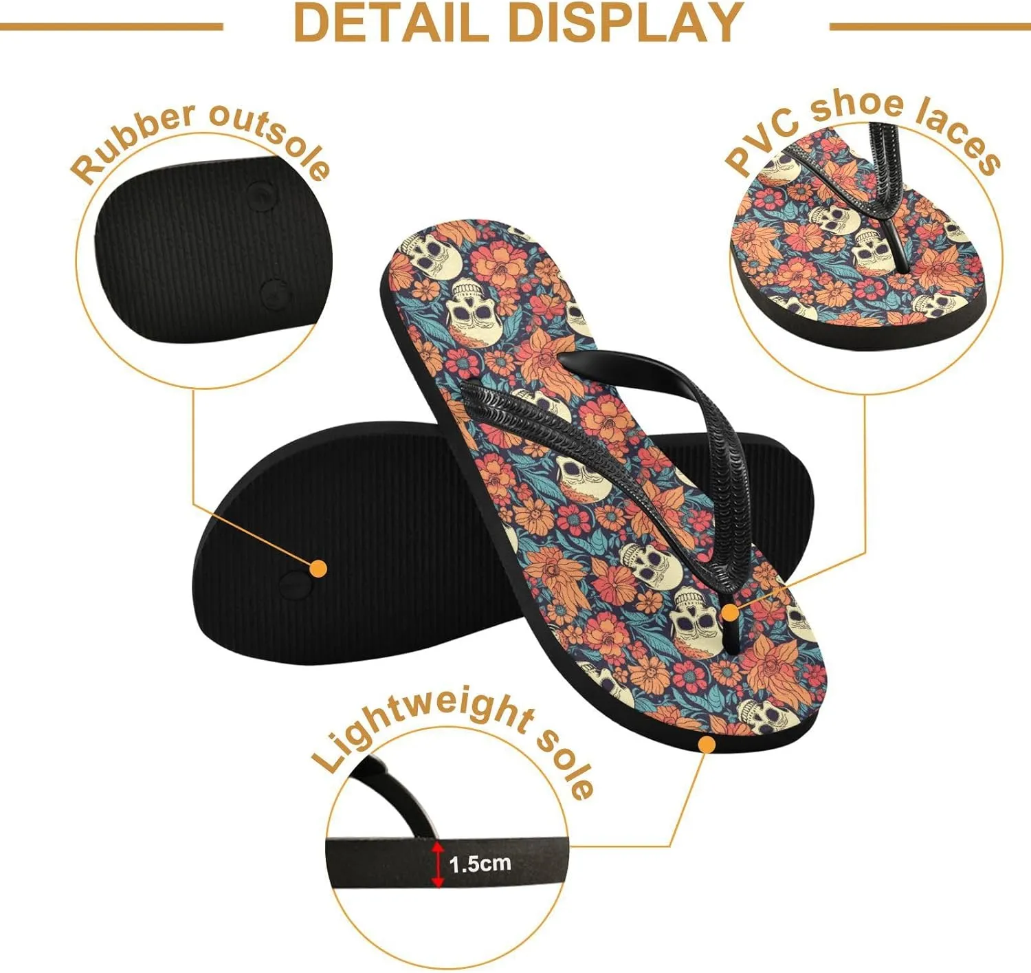 MNSRUU Flip Flops for Women Men Gothic Skull and Flower Flip Flops Womens Slides Men Sandals Shower Slippers Summer Non-Slip Flipflops for Swim Beach Bathroom, XS