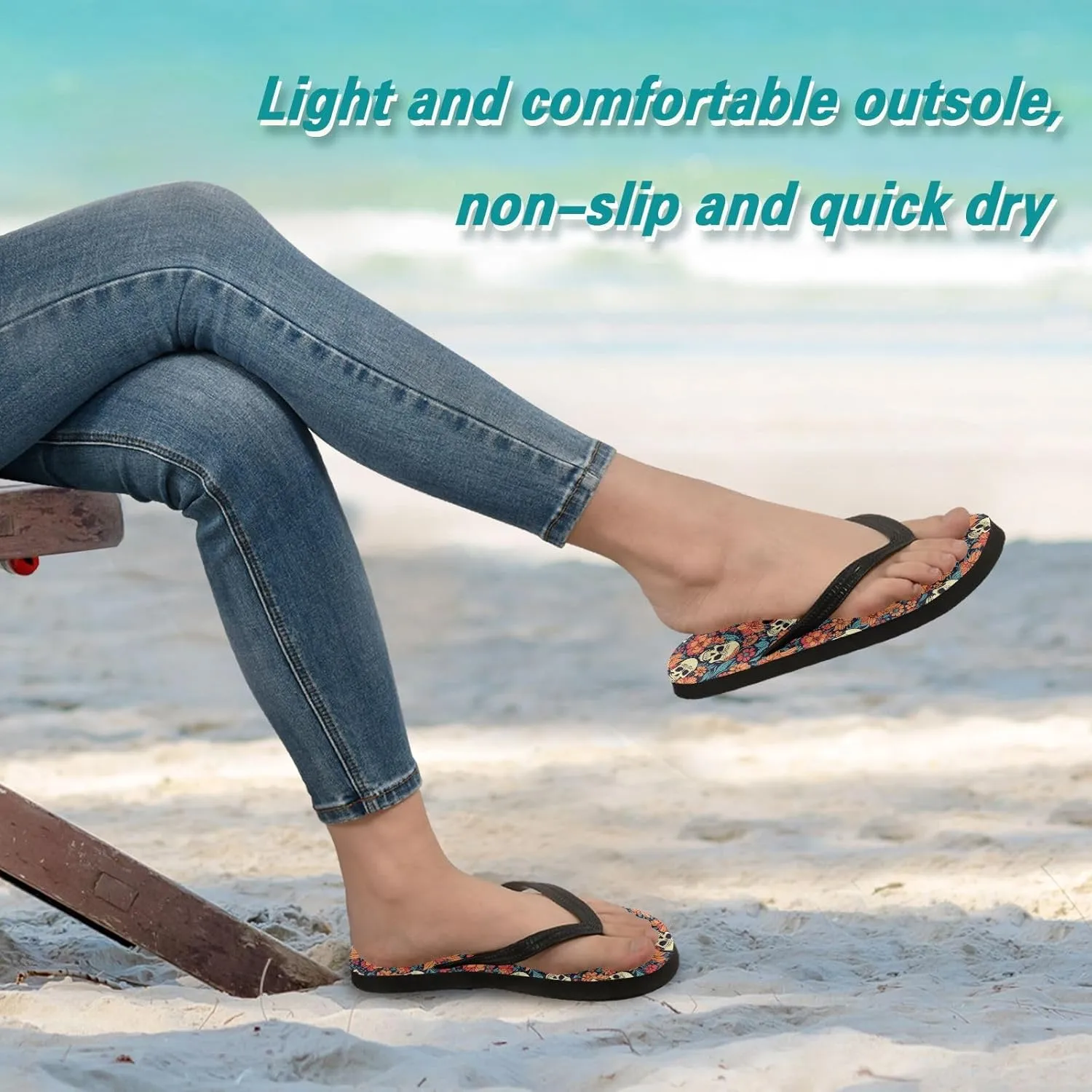 MNSRUU Flip Flops for Women Men Gothic Skull and Flower Flip Flops Womens Slides Men Sandals Shower Slippers Summer Non-Slip Flipflops for Swim Beach Bathroom, XS