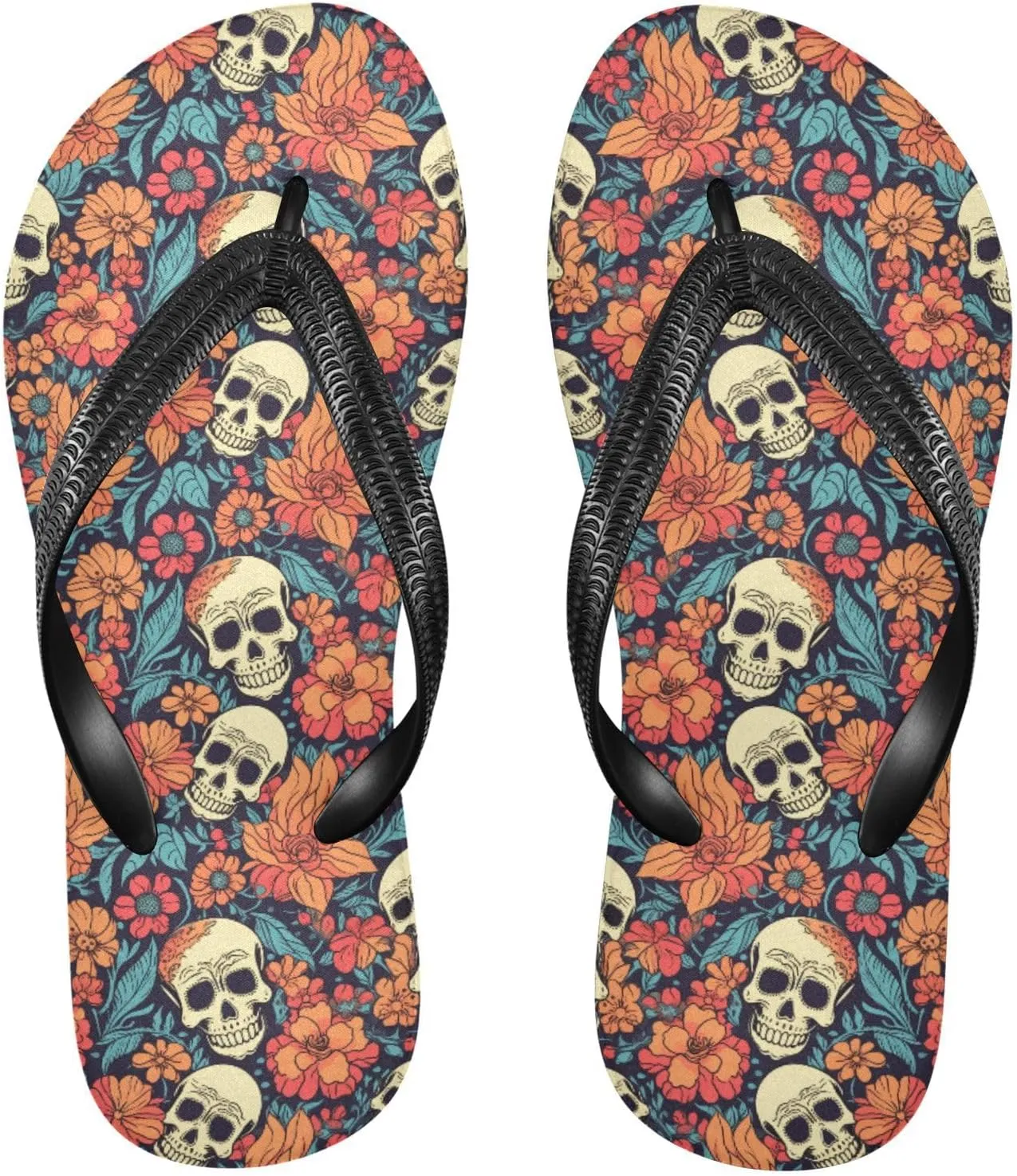MNSRUU Flip Flops for Women Men Gothic Skull and Flower Flip Flops Womens Slides Men Sandals Shower Slippers Summer Non-Slip Flipflops for Swim Beach Bathroom, XS