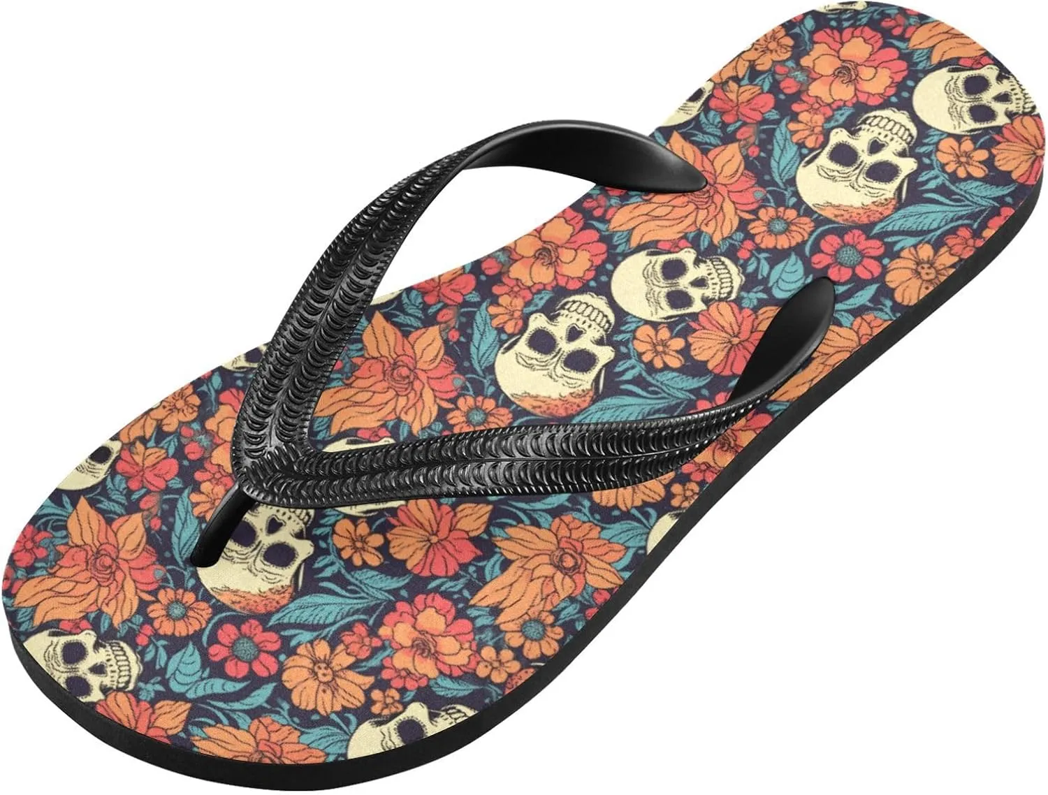 MNSRUU Flip Flops for Women Men Gothic Skull and Flower Flip Flops Womens Slides Men Sandals Shower Slippers Summer Non-Slip Flipflops for Swim Beach Bathroom, XS