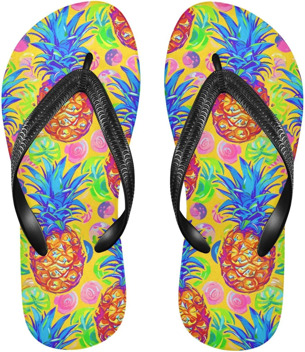 MNSRUU Flip Flops for Women Men Pineapple Flowers Flip Flops Womens Slides Men Sandals Shower Slippers Summer Non-Slip Flipflops for Swim Beach Bathroom, XS