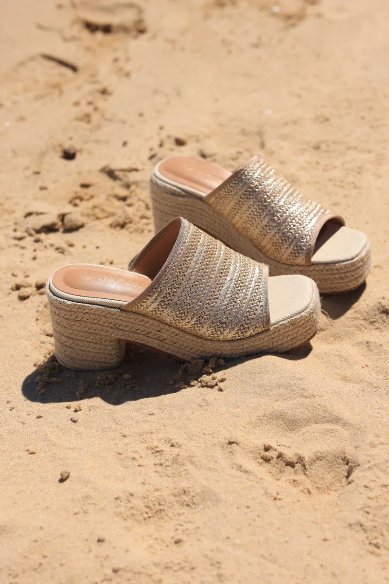 Mules en corde tressée dorée à talon