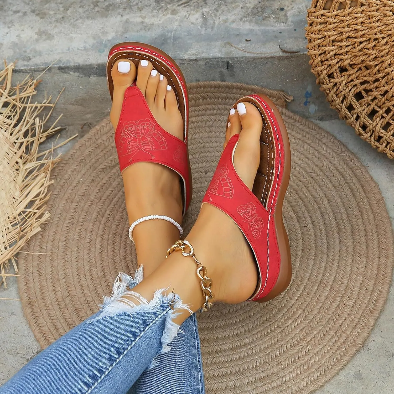 Orthopedic Sandals for Women Wide Width Comfort Orthotic Flip Flops with Arch Support Wedge Sandals Womens Walking Thong Sandals Fashion Slip on Beach Sandals Platform Sandals Dressy Summer