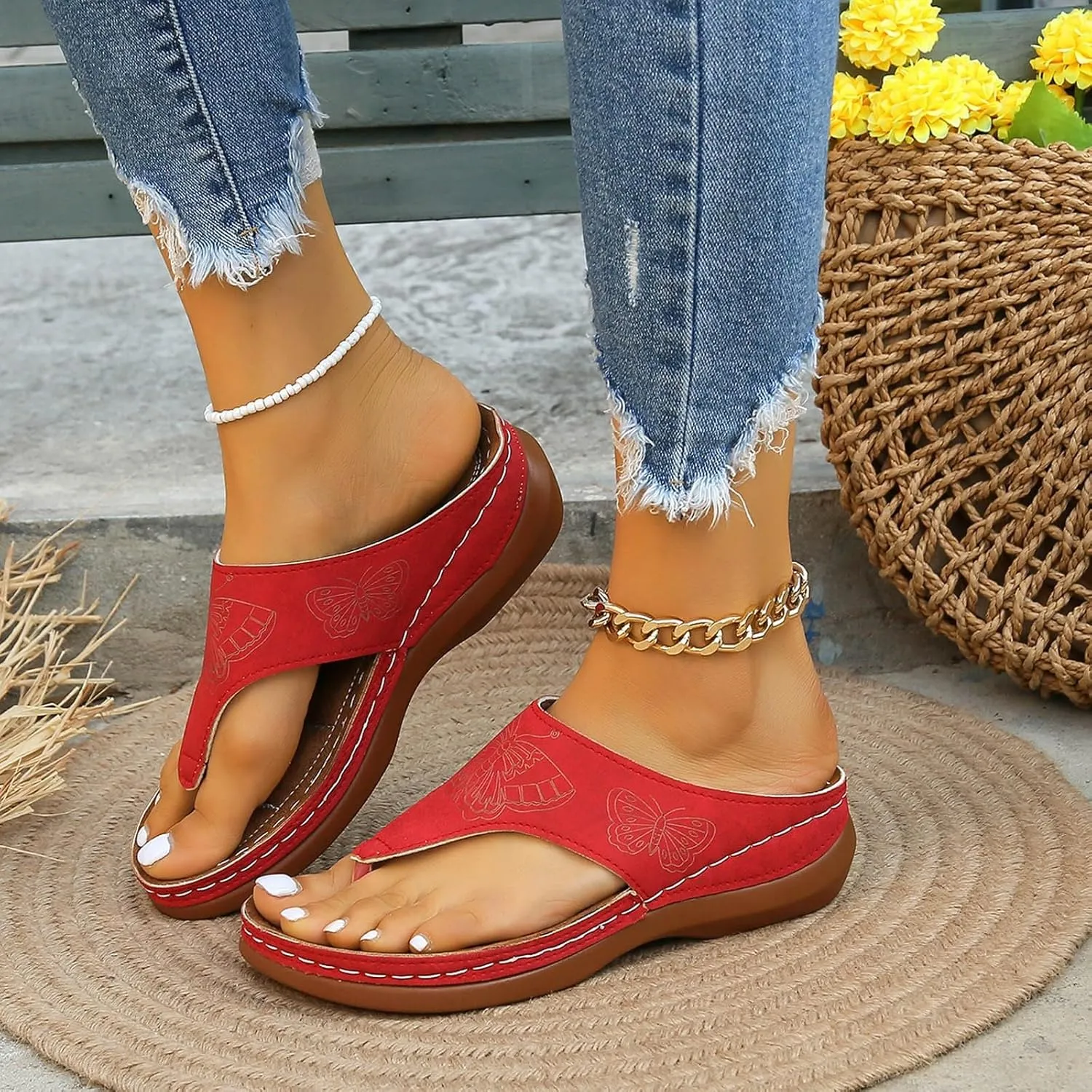 Orthopedic Sandals for Women Wide Width Comfort Orthotic Flip Flops with Arch Support Wedge Sandals Womens Walking Thong Sandals Fashion Slip on Beach Sandals Platform Sandals Dressy Summer