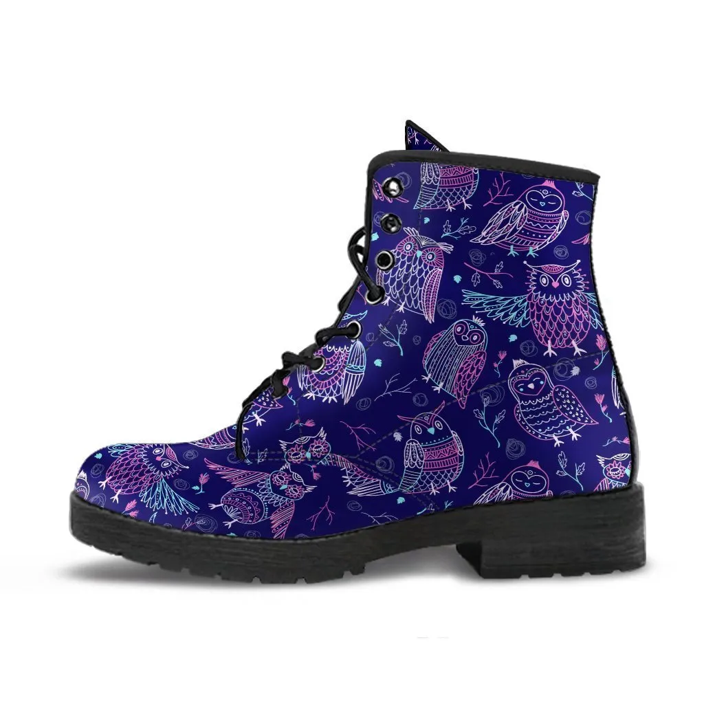 Purple Boots - Purple Owls | Combat Boots for Women, Handmade Lace Up Boots, Vegan Leather Lace Up Boots Women, 90s Boots