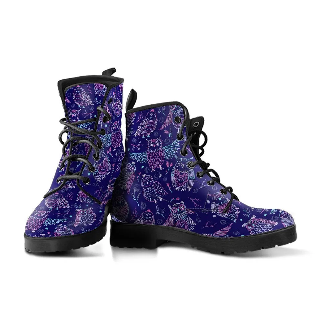 Purple Boots - Purple Owls | Combat Boots for Women, Handmade Lace Up Boots, Vegan Leather Lace Up Boots Women, 90s Boots
