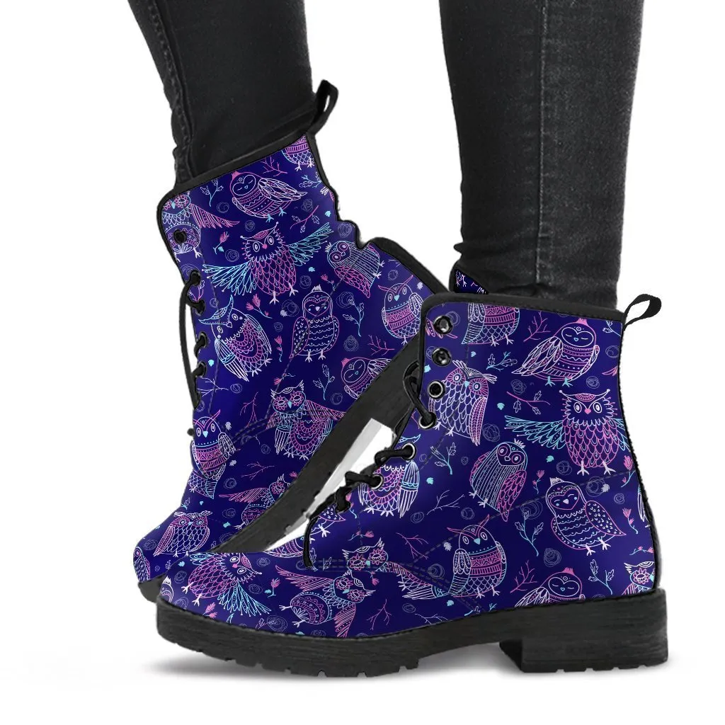 Purple Boots - Purple Owls | Combat Boots for Women, Handmade Lace Up Boots, Vegan Leather Lace Up Boots Women, 90s Boots