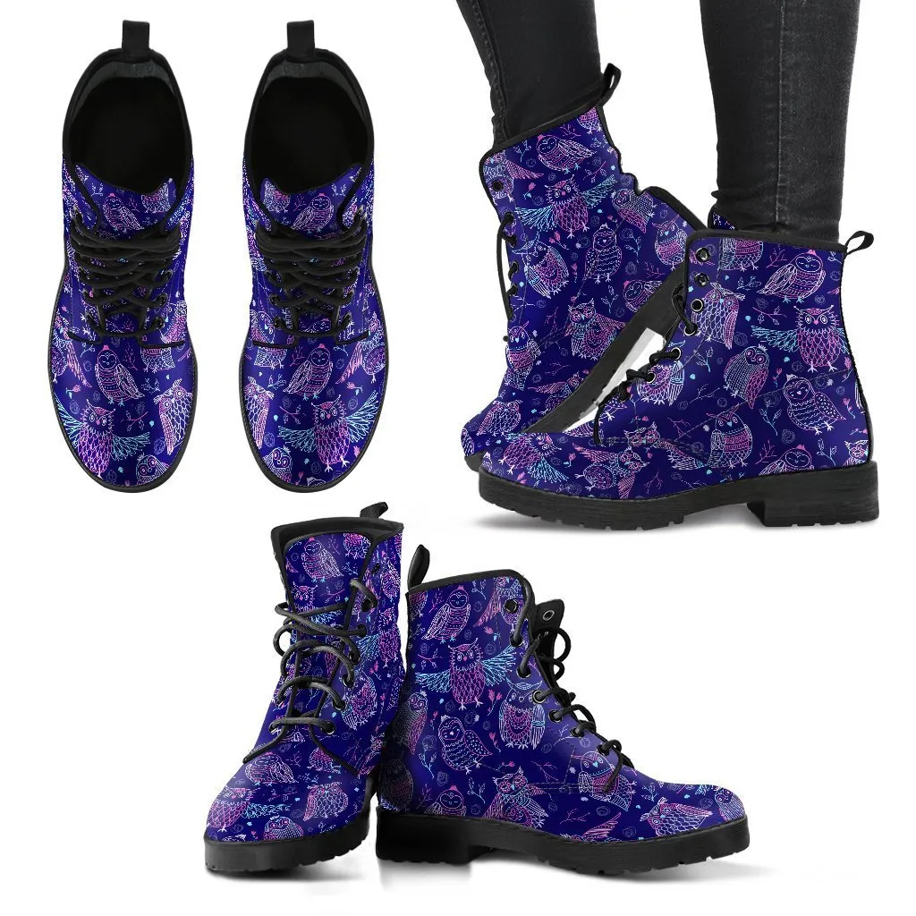Purple Boots - Purple Owls | Combat Boots for Women, Handmade Lace Up Boots, Vegan Leather Lace Up Boots Women, 90s Boots