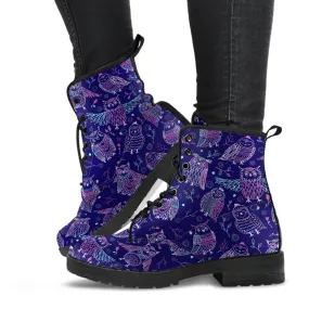 Purple Boots - Purple Owls | Combat Boots for Women, Handmade Lace Up Boots, Vegan Leather Lace Up Boots Women, 90s Boots