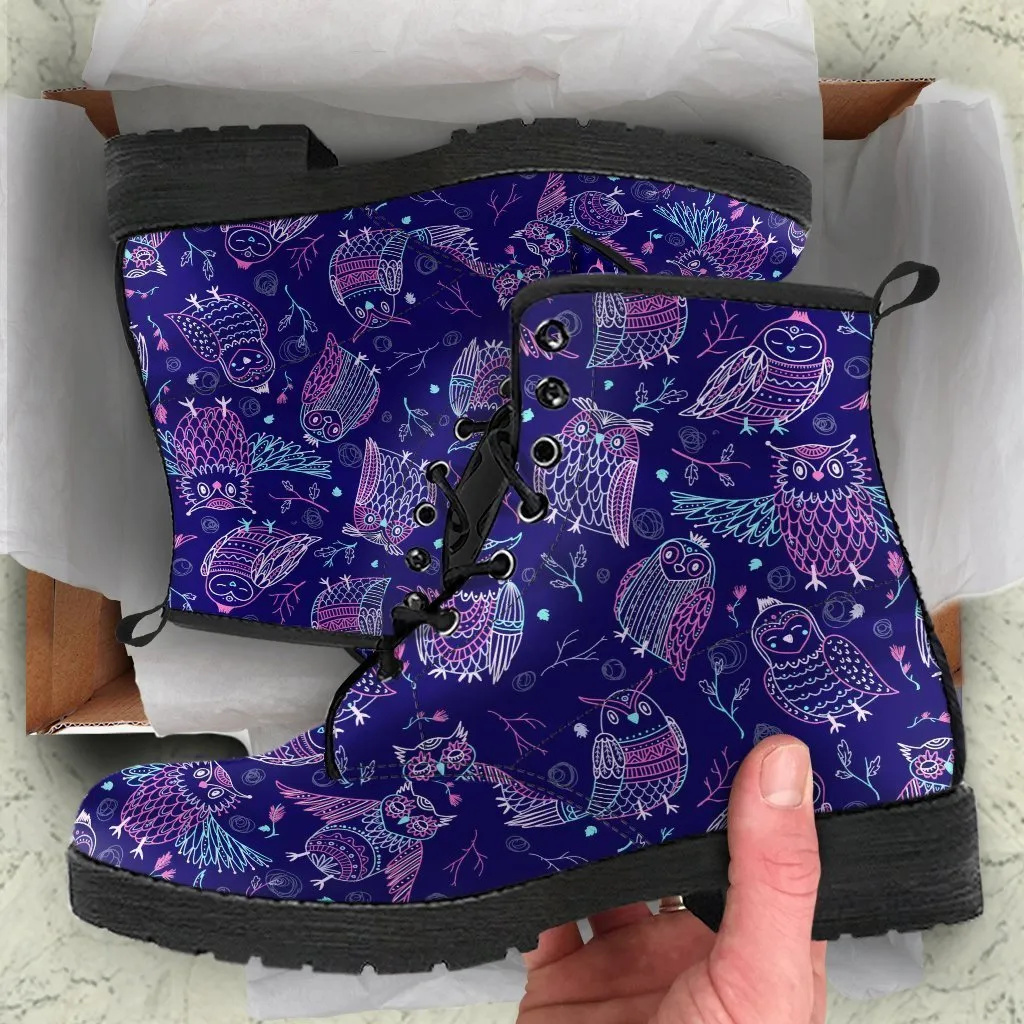 Purple Boots - Purple Owls | Combat Boots for Women, Handmade Lace Up Boots, Vegan Leather Lace Up Boots Women, 90s Boots