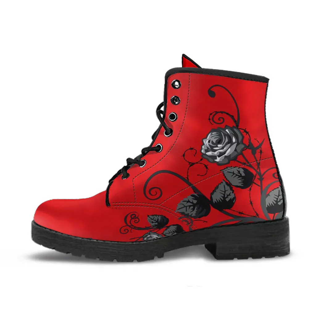Red Combat Boots - Gray Roses | Red Boots, Boho Shoes, Handmade Lace Up Boots, Vegan Leather Lace Up Boots Women, 90s Boots