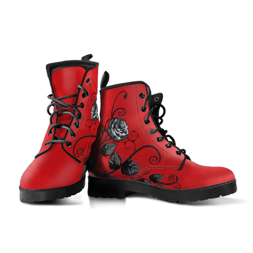 Red Combat Boots - Gray Roses | Red Boots, Boho Shoes, Handmade Lace Up Boots, Vegan Leather Lace Up Boots Women, 90s Boots