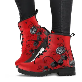 Red Combat Boots - Gray Roses | Red Boots, Boho Shoes, Handmade Lace Up Boots, Vegan Leather Lace Up Boots Women, 90s Boots