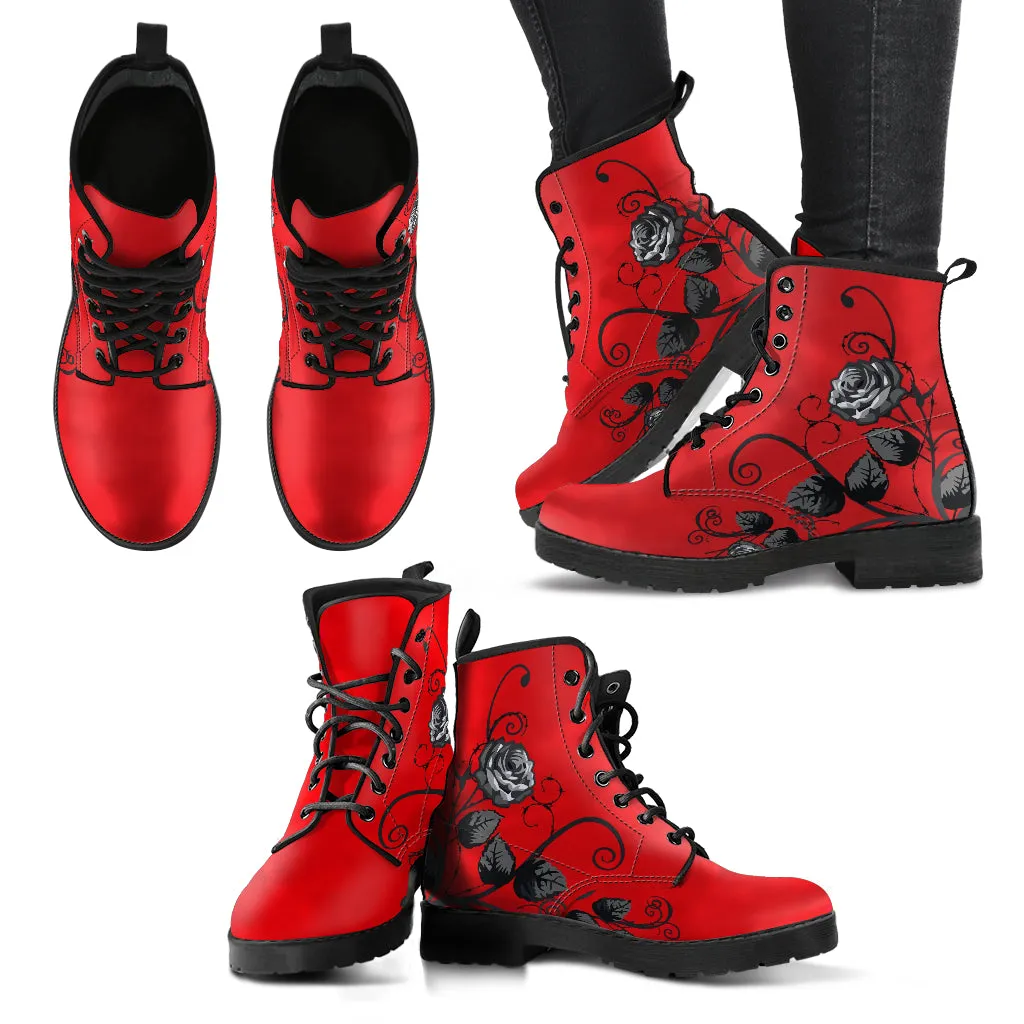 Red Combat Boots - Gray Roses | Red Boots, Boho Shoes, Handmade Lace Up Boots, Vegan Leather Lace Up Boots Women, 90s Boots