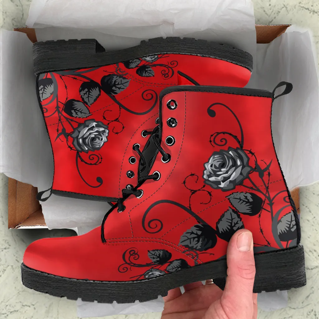 Red Combat Boots - Gray Roses | Red Boots, Boho Shoes, Handmade Lace Up Boots, Vegan Leather Lace Up Boots Women, 90s Boots