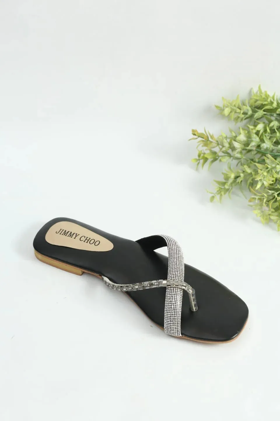 RHINESTONE STRAP SOFT LOW HEEL SANDAL - BLACK