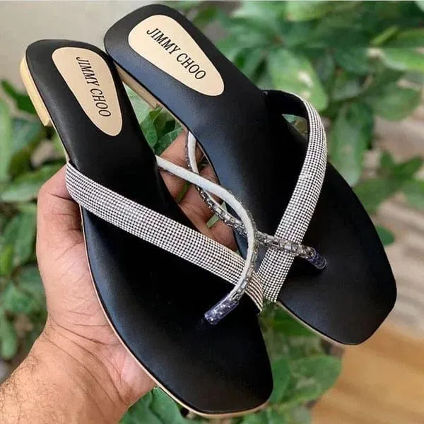 RHINESTONE STRAP SOFT LOW HEEL SANDAL - BLACK