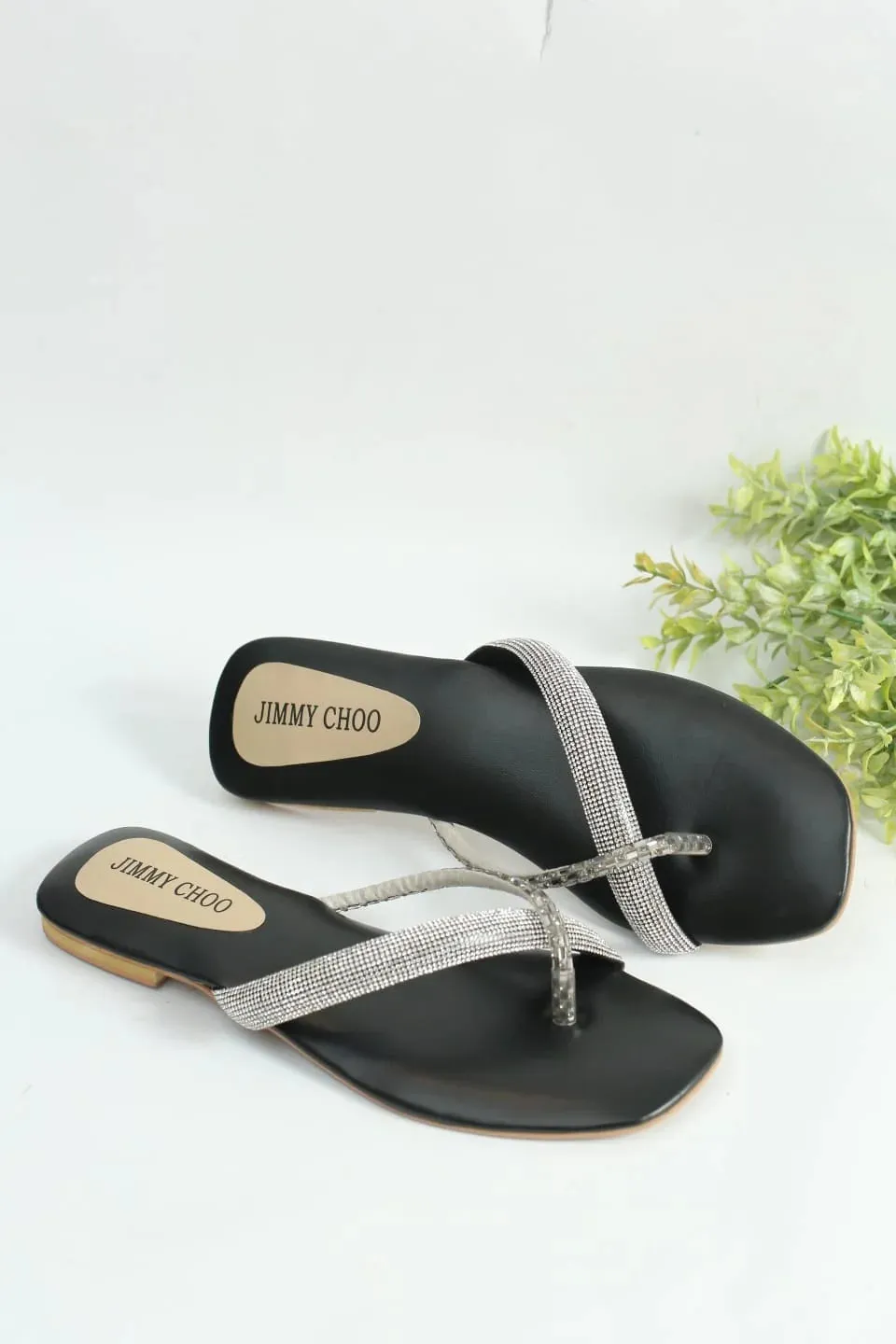 RHINESTONE STRAP SOFT LOW HEEL SANDAL - BLACK